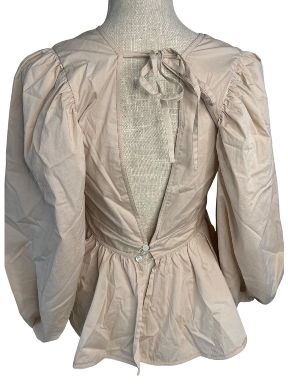 Staud Beige Peplum Blouse With Puff Sleeves & V-Neckline Size S - Picture 3 of 12